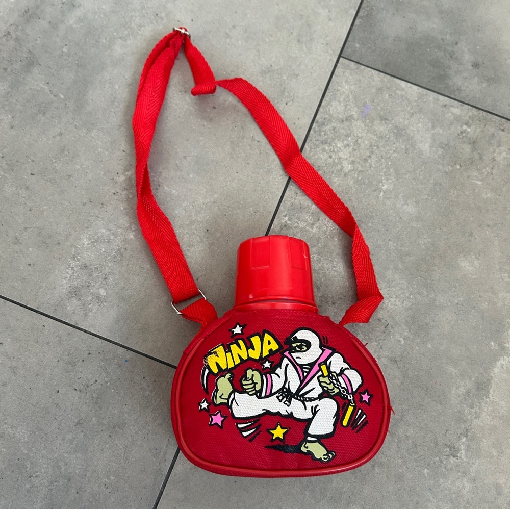Vintage 1980s  Kool-Aid Ninja red small canteen water bottle with strap RARE